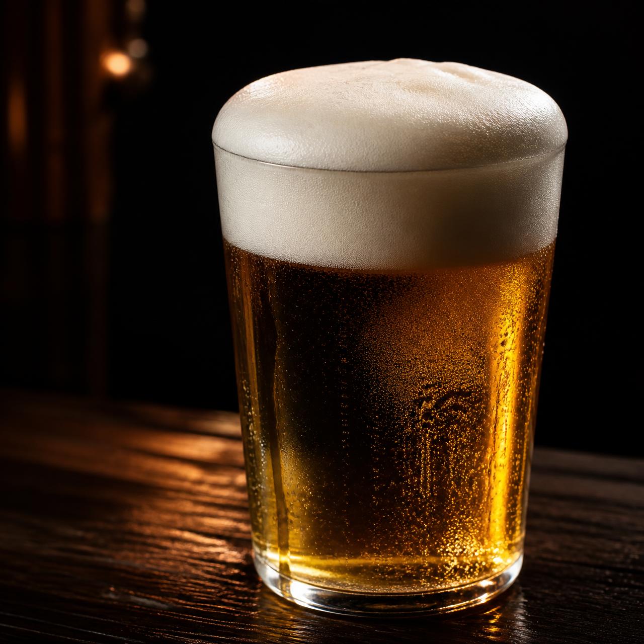 Načepované pivo s pěnou na dřevěném pultu